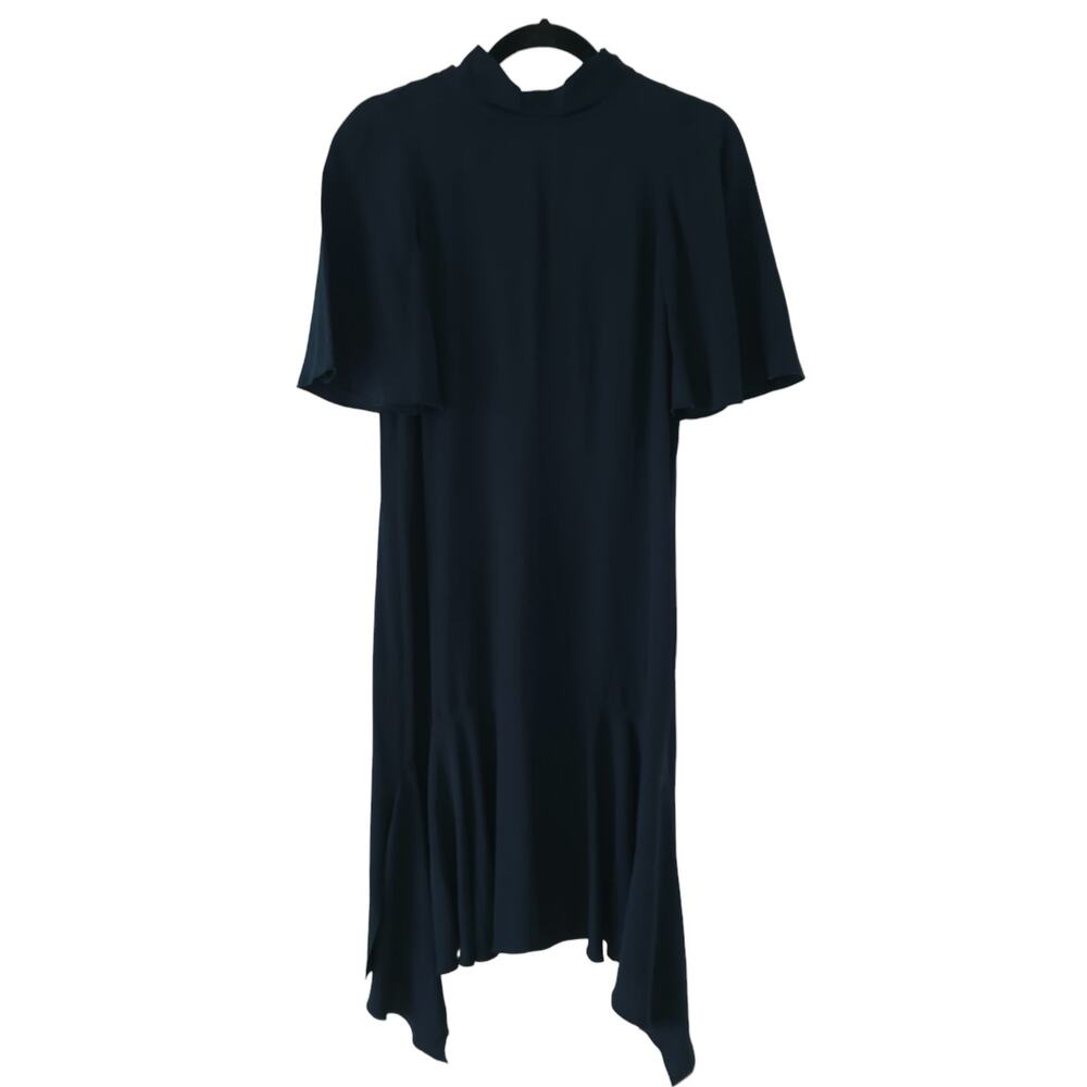 Lewit Womens Midi Dress 4 Dark Navy Blue Shift Short Sleeve Mock Neck Asymmetric